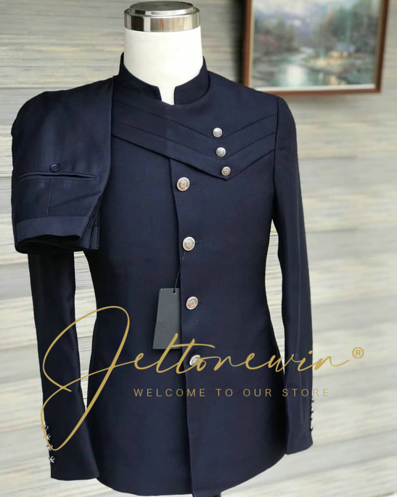 Men Formal Wear For Wedding - Мужской темно-синий костюм в стиле милитари
